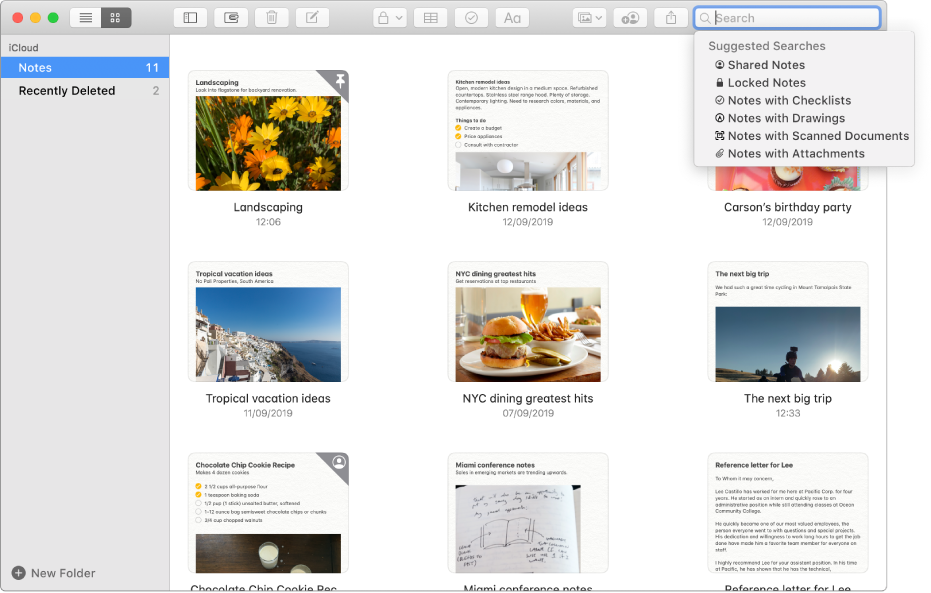 Notes in gallery view — showing the content of each in a thumbnail. Suggested searches appear in the top-right corner, such as locked notes and notes with attachments.