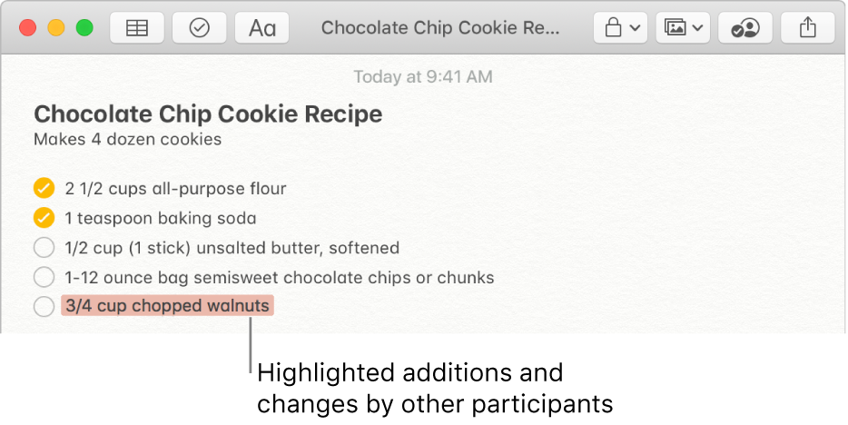 A note with a chocolate chip cookie recipe. Additions from another participant are highlighted in red.