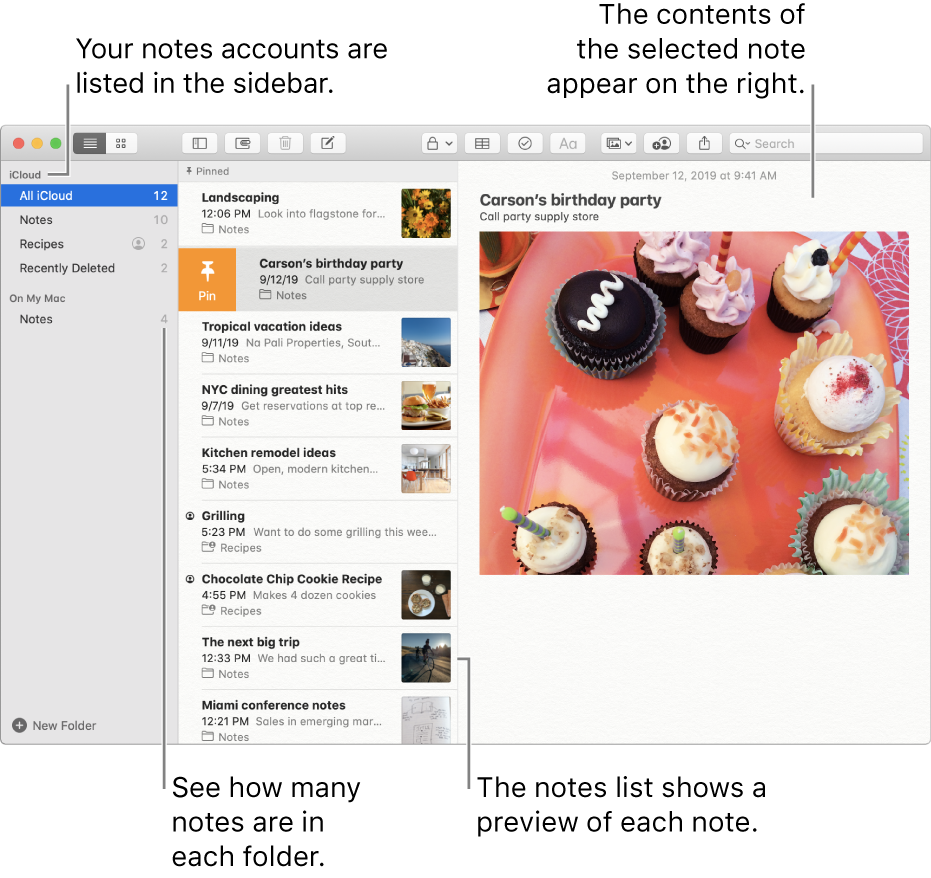 The Notes window with all your configured accounts and folders listed in the sidebar on the left, the list of notes in the middle showing a preview of each note, and the content of the selected note appearing on the right. The number of notes appears next to each folder.