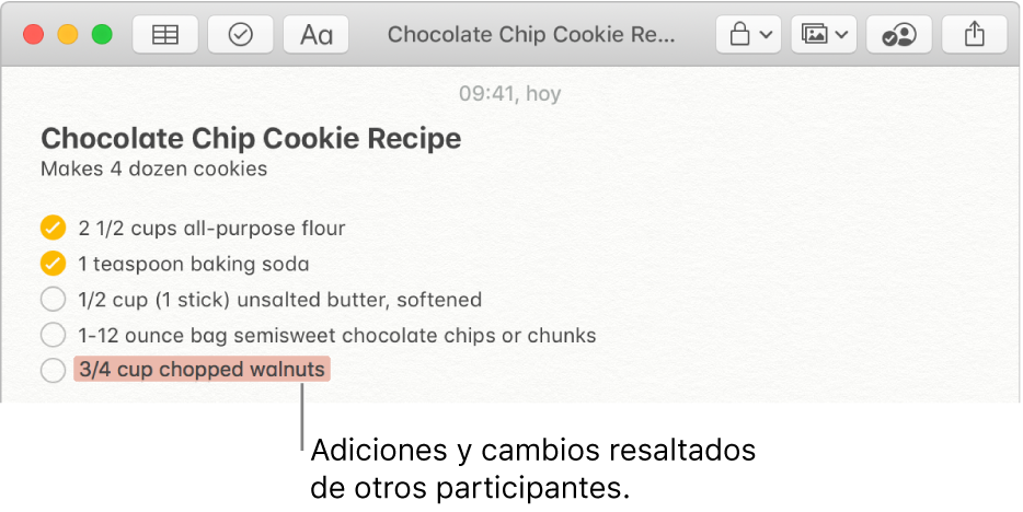 Una nota con receta de galleta con chispas de chocolate. Las adiciones de otro participante están resaltadas en rojo.