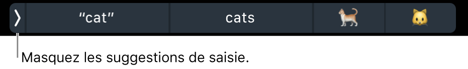 Suggestions affichant des mots et des Emoji, ainsi que le bouton à gauche permettant de masquer les suggestions.