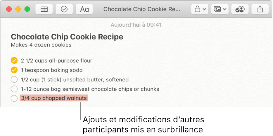 Une note contenant une recette de cookies aux pépites de chocolat. Les ajouts d’un autre participant sont surlignés en rouge.