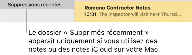 La fenêtre Notes avec le dossier Suppressions récentes dans la barre latérale et une note récemment supprimée. Le dossier Suppressions récentes s’affiche uniquement si vous utilisez des notes iCloud ou des notes stockées sur votre Mac.