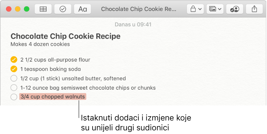 Bilješka s receptom za kekse s komadićima čokolade. Dodaci od nekog drugog sudionika istaknuti su crvenom bojom.