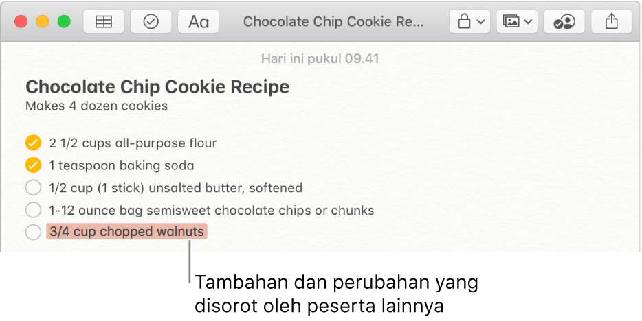 Catatan dengan resep biskuit dengan butiran cokelat. Tambahan dari peserta lain disorot dalam warna merah.