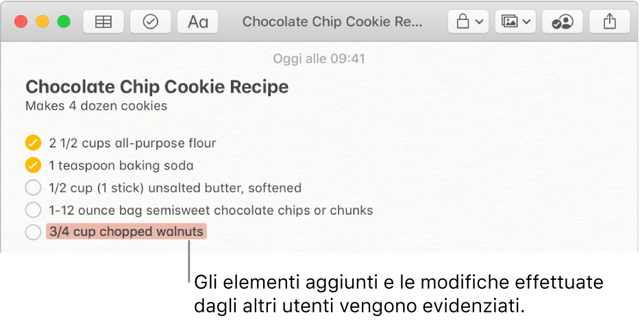 Una nota con la ricetta per dei biscotti con scaglie di cioccolato. Gli inserimenti di un altro partecipante sono evidenziati in rosso.