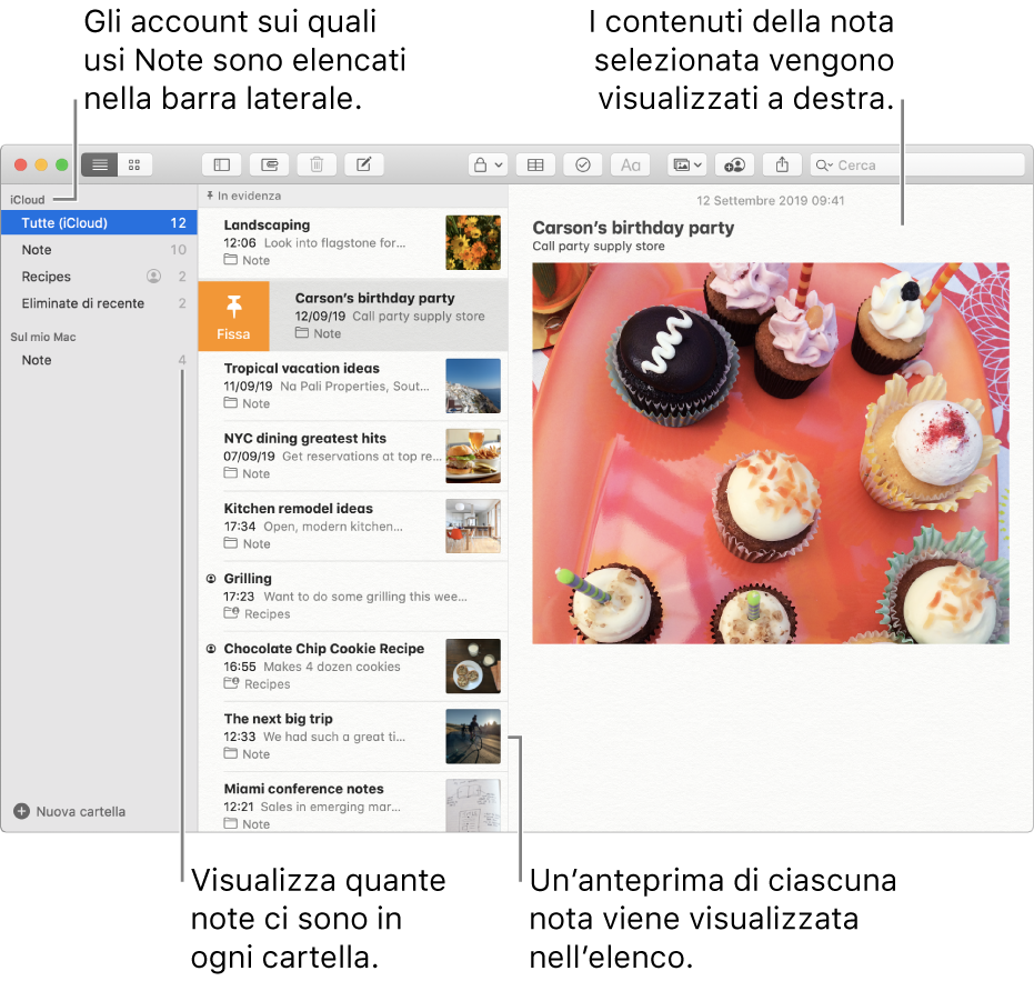 La finestra di Note, con tutte le cartelle e gli account configurati elencati nella barra laterale a sinistra, l'elenco di note al centro, con l'anteprima di ogni nota visibile, e il contenuto della nota selezionata visualizzato a destra. Il numero di note appare accanto a ciascuna cartella.
