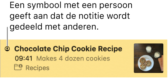 Een notitie waaraan personen zijn toegevoegd, met het symbool 'Personen' links van de naam van de notitie.