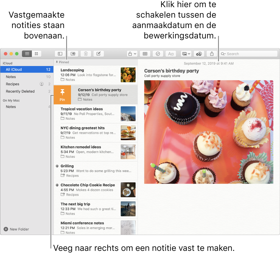 Het Notities-vensters met de lijst met notities in het midden, vastgemaakte notities boven aan de lijst en de vastmaakknop op een notitie. De inhoud van die notitie wordt aan de rechterkant weergegeven met de datum bovenaan. Klik op de datum om te wisselen tussen de aanmaakdatum en de bewerkingsdatum.