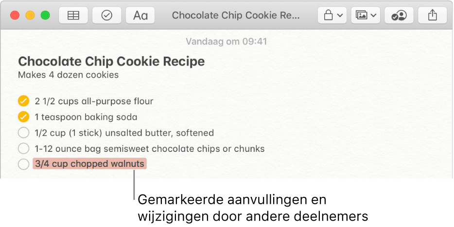 Een notitie met een recept voor chocoladekoekjes. Toevoegingen van een andere deelnemer zijn rood gemarkeerd.