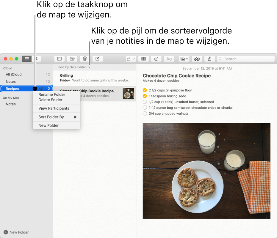 Het Notities-venster met één map in de navigatiekolom en de knop 'Meer' voor het wijzigen van een map. Boven de lijst met notities in het midden bevindt zich de sorteeroptie waarmee de volgorde van notities kan worden gewijzigd. Klik op de pijl omlaag om een andere sorteervolgorde te selecteren.