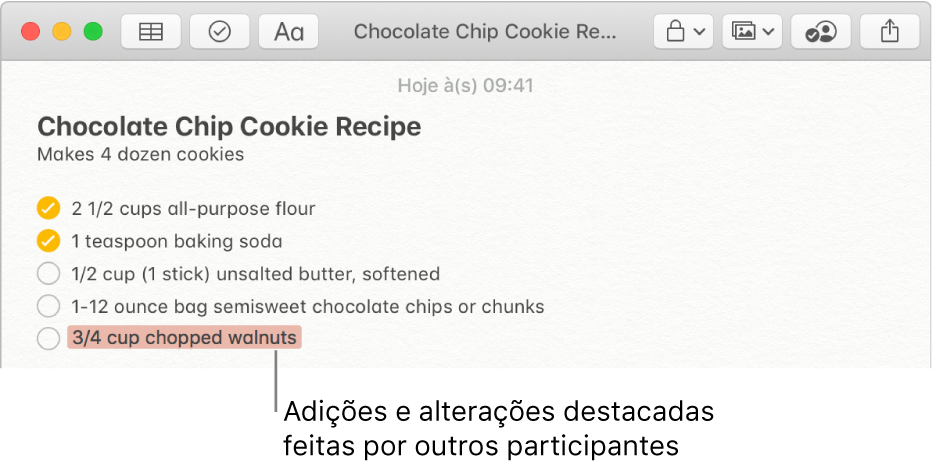 Uma nota com uma receita de bolachas com pedacinhos de chocolate. O conteúdo adicionado por outro participante aparece destacado a vermelho.