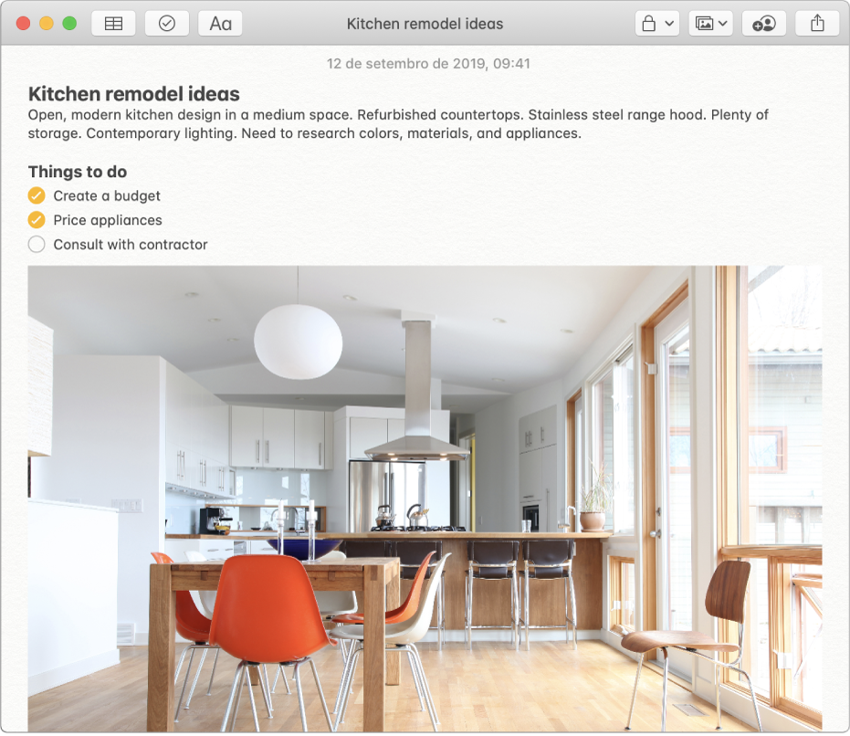 Uma nota que inclui uma descrição das ideias de remodelação da cozinha, uma lista de verificação dos afazeres e uma fotografia de uma cozinha.