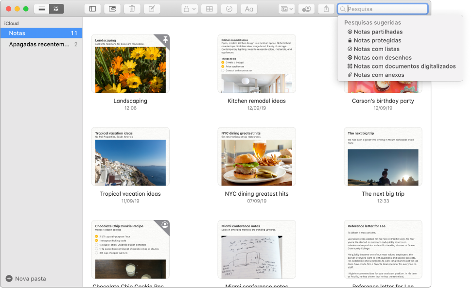 As notas na vista de galeria, a apresentar o conteúdo de cada uma numa miniatura. As pesquisas sugeridas aparecem no canto superior direito, tal como as notas protegidas e as notas com anexos.