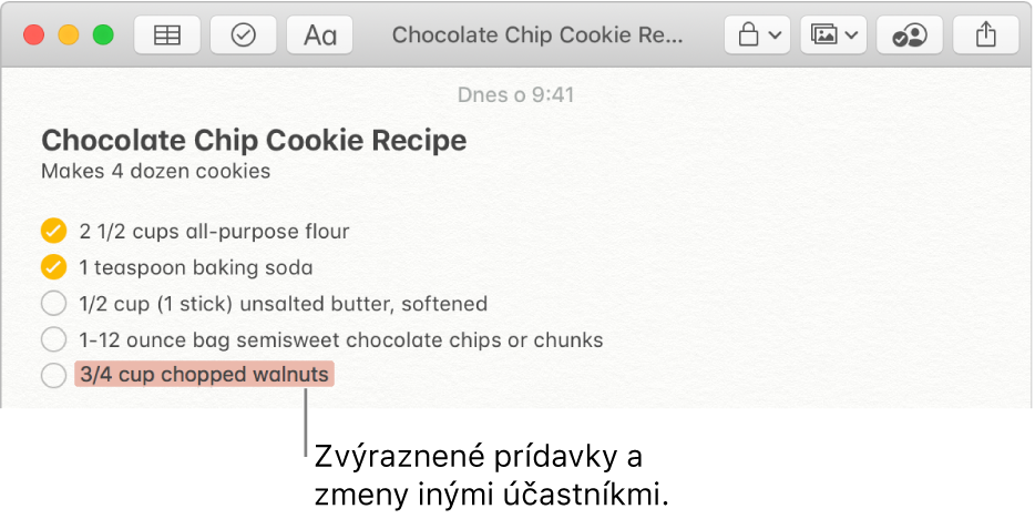 Poznámka s receptom na sušienky s kúskami čokolády. Informácie pridané iným účastníkom sú zvýraznené červenou farbou.