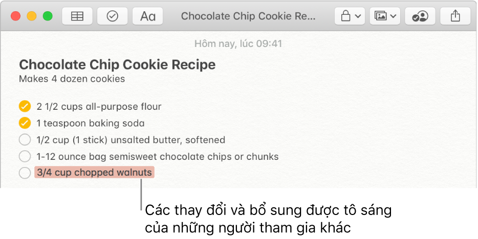 Một ghi chú với công thức làm bánh quy nhân sô cô la. Những phần bổ sung từ một người tham gia khác được tô sáng bằng màu đỏ.