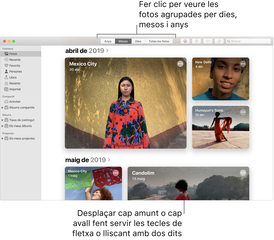 La finestra de l’app Fotos que mostra fotos organitzades per mesos.