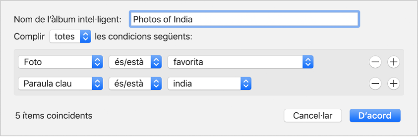 Un quadre de diàleg que mostra els criteris d’un àlbum intel·ligent.