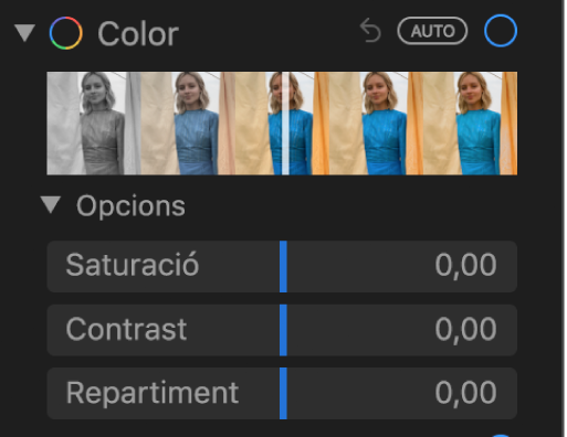 La zona Color del tauler Ajustar, amb els reguladors Saturació, Contrast i Repartiment.