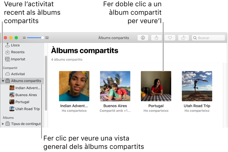 El tauler “Àlbums compartits” de la finestra de l’app Fotos, que mostra àlbums compartits.