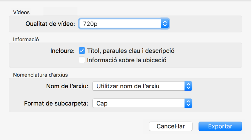 Un quadre de diàleg amb les opcions per exportar vídeos.