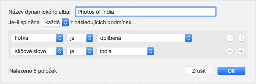 Dialogové okno se zobrazenými kritérii dynamického alba