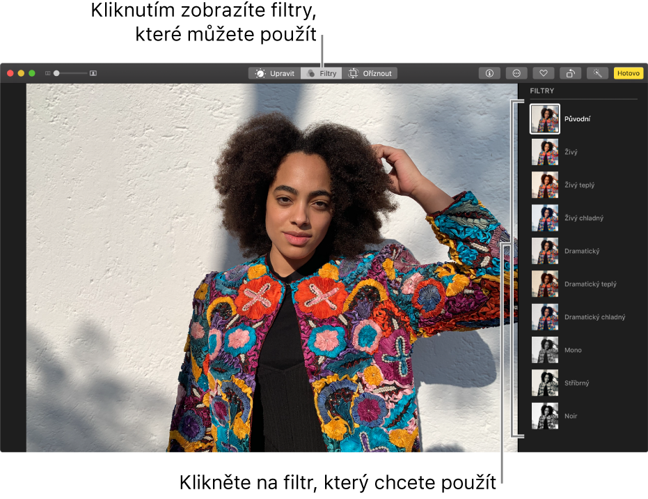 Fotografie v režimu úprav se zobrazenými filtry vpravo