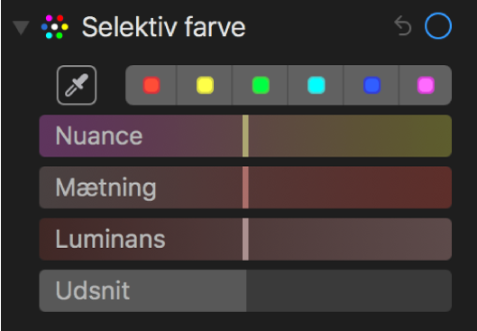 Betjeningsmulighederne til Selektiv farve, der viser mærkerne Nuance, Mætning, Luminans og Udsnit.