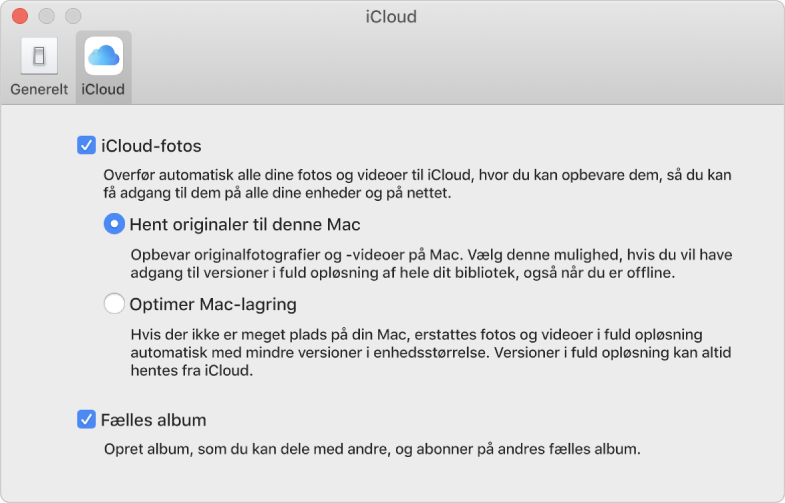 Vinduet iCloud i Fotos-indstillinger.