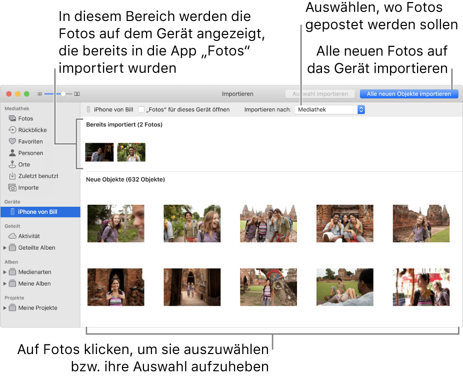 Fotos auf dem gerät, die bereits importiert wurden, werden oben im Bereich angezeigt, neue Fotos werden unten angezeigt. Oben in der Mitte befindet sich das Einblendmenü „Importieren nach“. Die Taste „Alle neuen Fotos importieren“ ist oben rechts