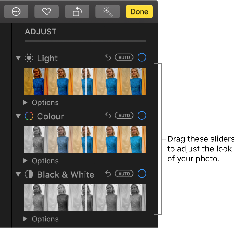 The Light, Colour, and Black & White sliders in the Adjust pane. An Auto button appears above each slider.