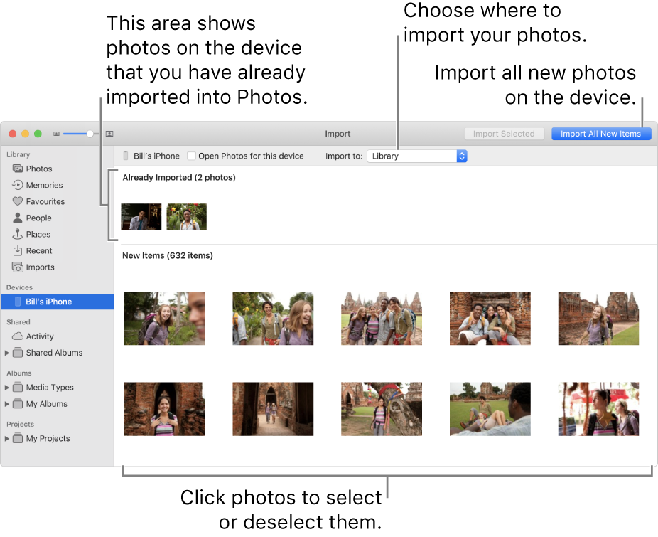 Photos on the device that you’ve already imported are shown at the top of the pane; new photos are at the bottom. At the top centre is the “Import to” pop-up menu. The Import All New Photos button is at the top right.