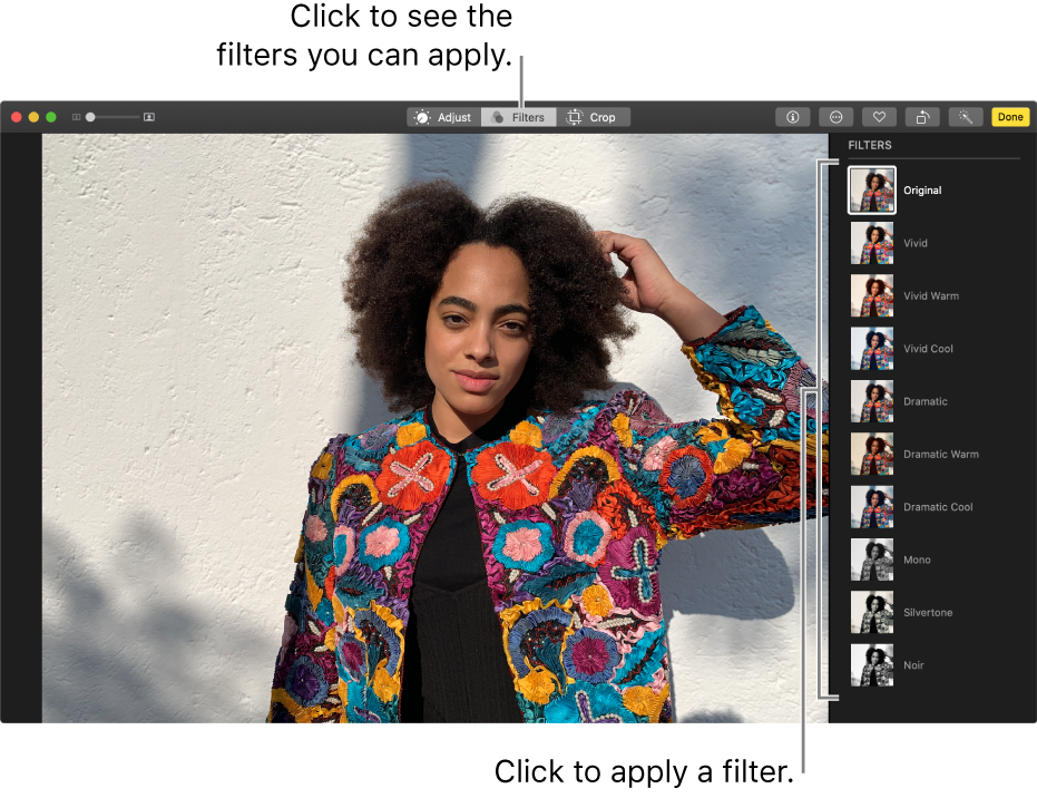 The photo in editing view with filters visible on the right.