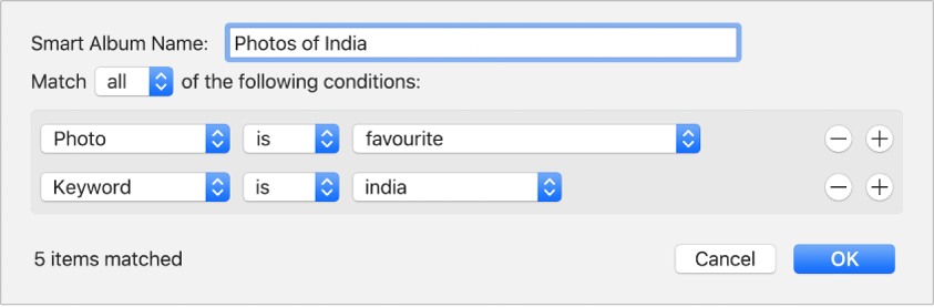 A dialogue showing criteria for a Smart Album.