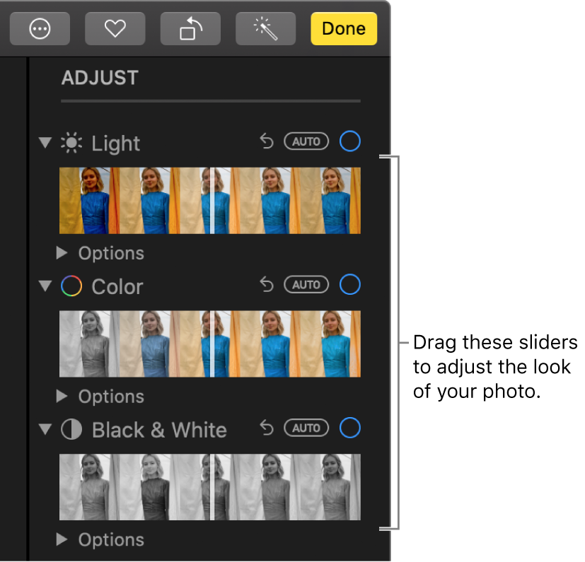 The Light, Color, and Black & White sliders in the Adjust pane. An Auto button appears above each slider.