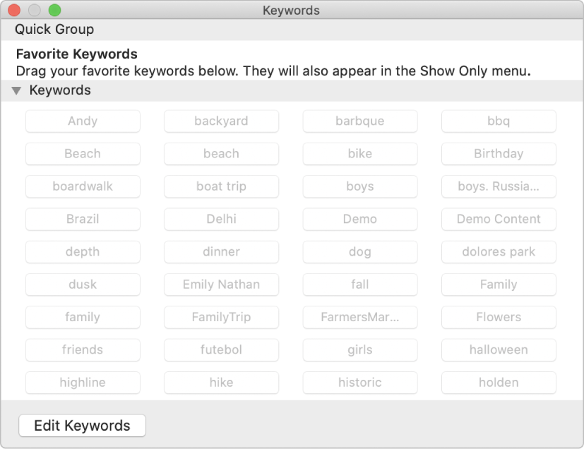 The Keyword Manager window.