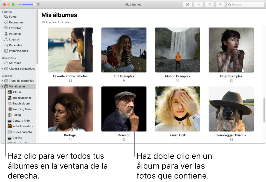 La ventana de Fotos con “Mis álbumes” seleccionado en la barra lateral, y los álbumes que creaste se muestran en la ventana a la derecha.