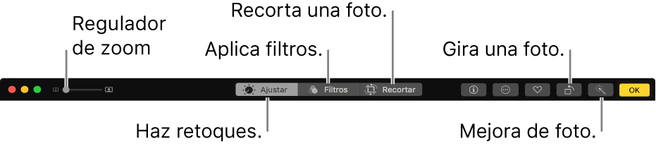 La barra de herramientas de edición mostrando botones para realizar ajustes, agregar filtros y recortar fotos.