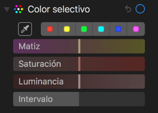 Los controles “Color selectivo” mostrando los reguladores Matiz, Saturación, Luminancia y Rango.