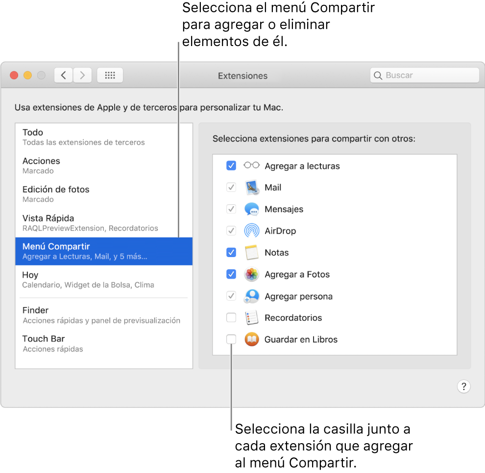 El panel Extensiones de Preferencias del Sistema mostrando el menú Compartir seleccionado y una lista de extensiones de terceros a la derecha.