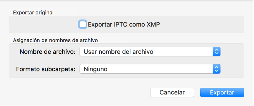 Un cuadro de diálogo en el que se muestran opciones para exportar los archivos de foto en su formato original.