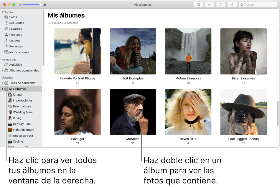 La ventana de Fotos con la carpeta “Mis álbumes” seleccionada en la barra lateral y los álbumes que has creado en la ventana de la derecha.