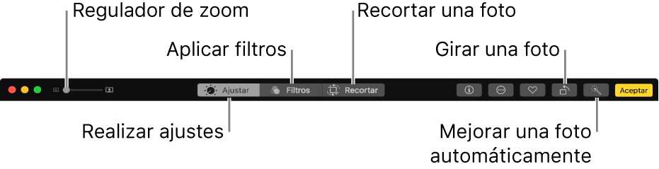 La barra de herramientas Edición con botones para realizar ajustes, añadir filtros y recortar fotos.
