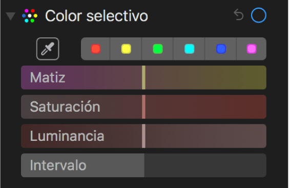 Los controles de “Color selectivo” con los reguladores Matiz, Saturación, Luminancia e Intervalo.