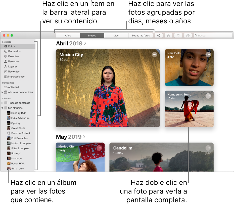 La ventana de Fotos con las fotos organizadas por mes.