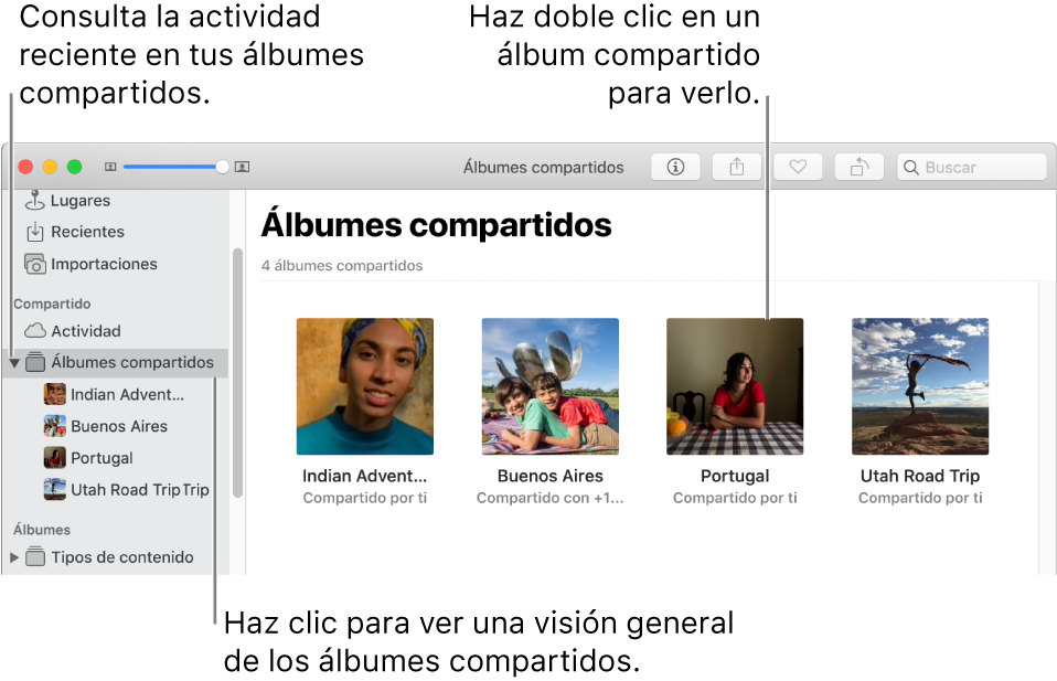 Panel “Álbumes compartidos” de la ventana de Fotos con los álbumes compartidos a la vista.
