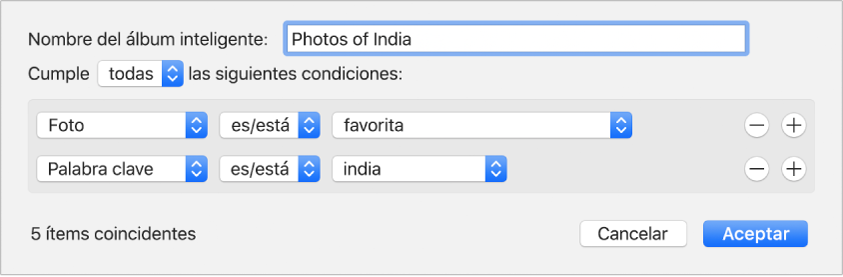 Un cuadro de diálogo en el que se muestran los criterios de un álbum inteligente.