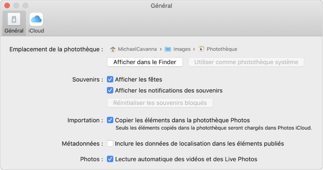 La sous-fenêtre Général des préférences Photos.