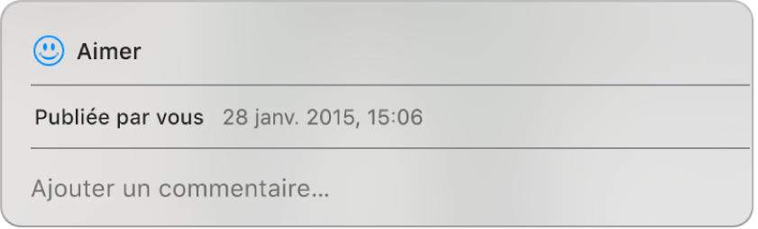 Une fenêtre affichant les options « J’aime » et « Commentaire » pour une photo partagée.