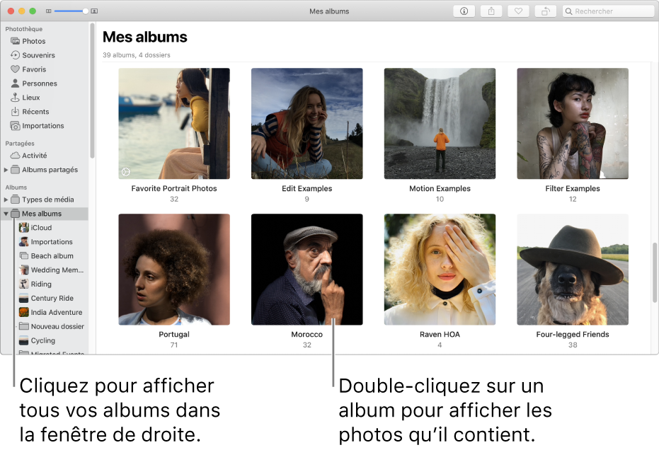 La fenêtre Photos avec Mes Albums sélectionné dans la barre latérale et les albums que vous avez créés affichés dans la fenêtre de droite.